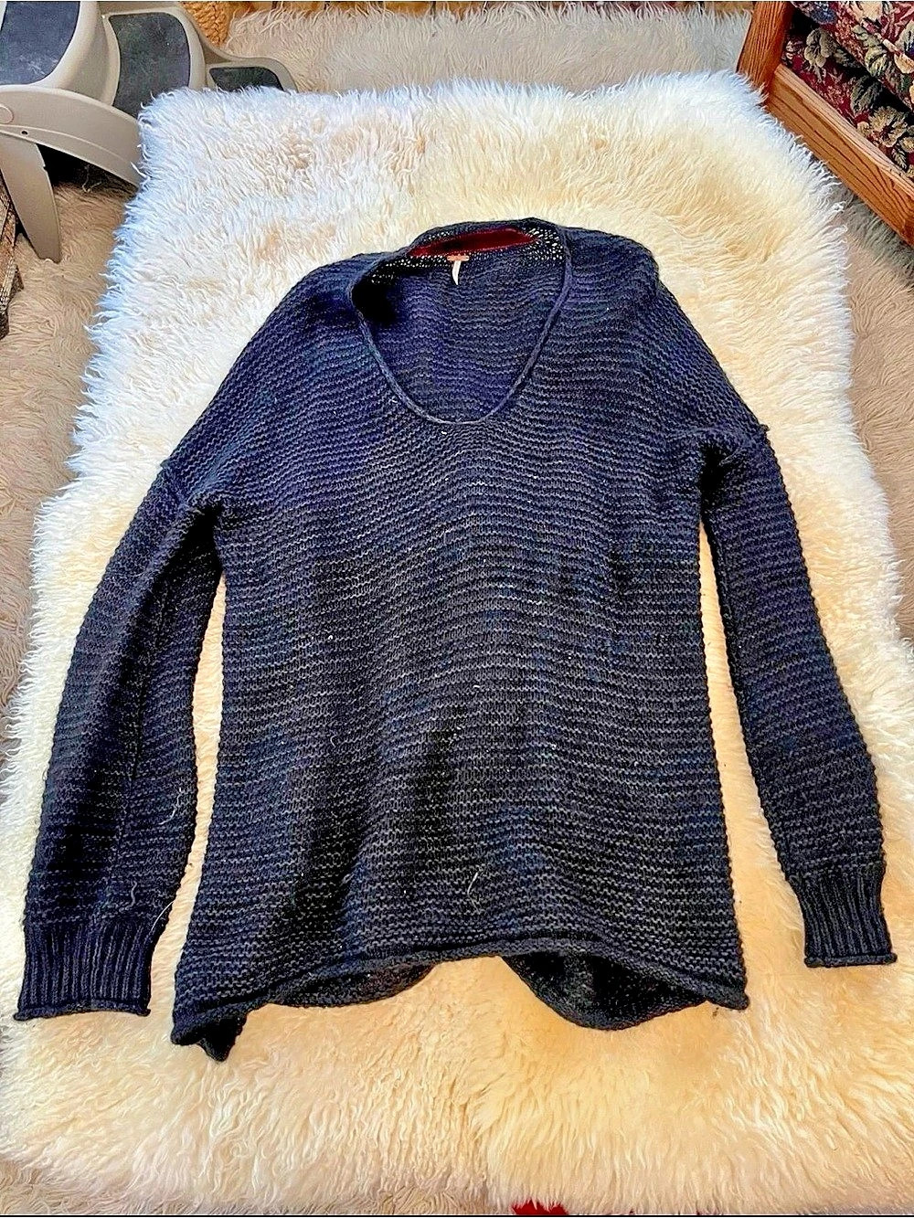Free People Crochet Sweater Women's Medium Oversized V-Neck Cotton Alpaca Blend